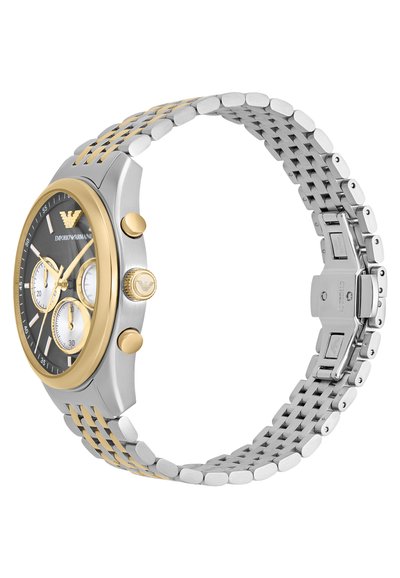 Edelstahl-Armbanduhr mit schwarzem Zifferblatt, goldenen Akzenten und einem zweifarbigen Metallarmband. Verfügt über Chronographen-Subdials und ein Logo.