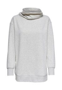 Sweat-shirt gris clair à col bénitier, manches longues, poignets et ourlet côtelés, texture douce, coupe décontractée, sans motifs ni accessoires apparents.