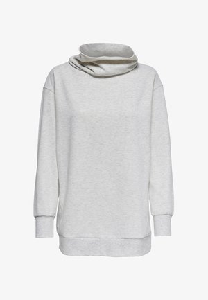 Lichtgrijze trui met col, lange mouwen, geribbelde boorden en zoom, zachte textuur, relaxte pasvorm, zonder zichtbare patronen of hardware.