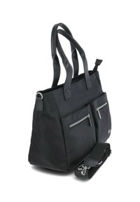 Black tote bag made of fabric with two front zippered pockets, dual handles, and an adjustable detachable strap. Smooth texture with silver accents.