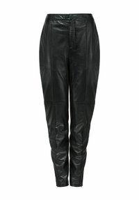 Czarne skórzane spodnie o dopasowanym kroju, z średnim stanem, pionowymi szwami i zamkami błyskawicznymi przy kostkach. Gładka faktura.