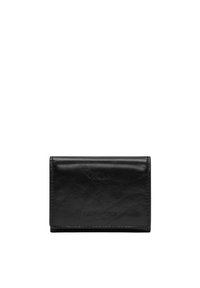 Portafoglio in pelle nera, forma rettangolare con una texture liscia, caratterizzato da un logo sottile. Design pieghevole senza hardware o accenti visibili.