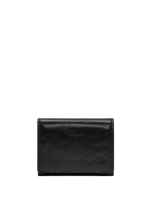 Black leather wallet, rectangular shape with a smooth texture, featuring a subtle logo. Folded design with no visible hardware or accents.