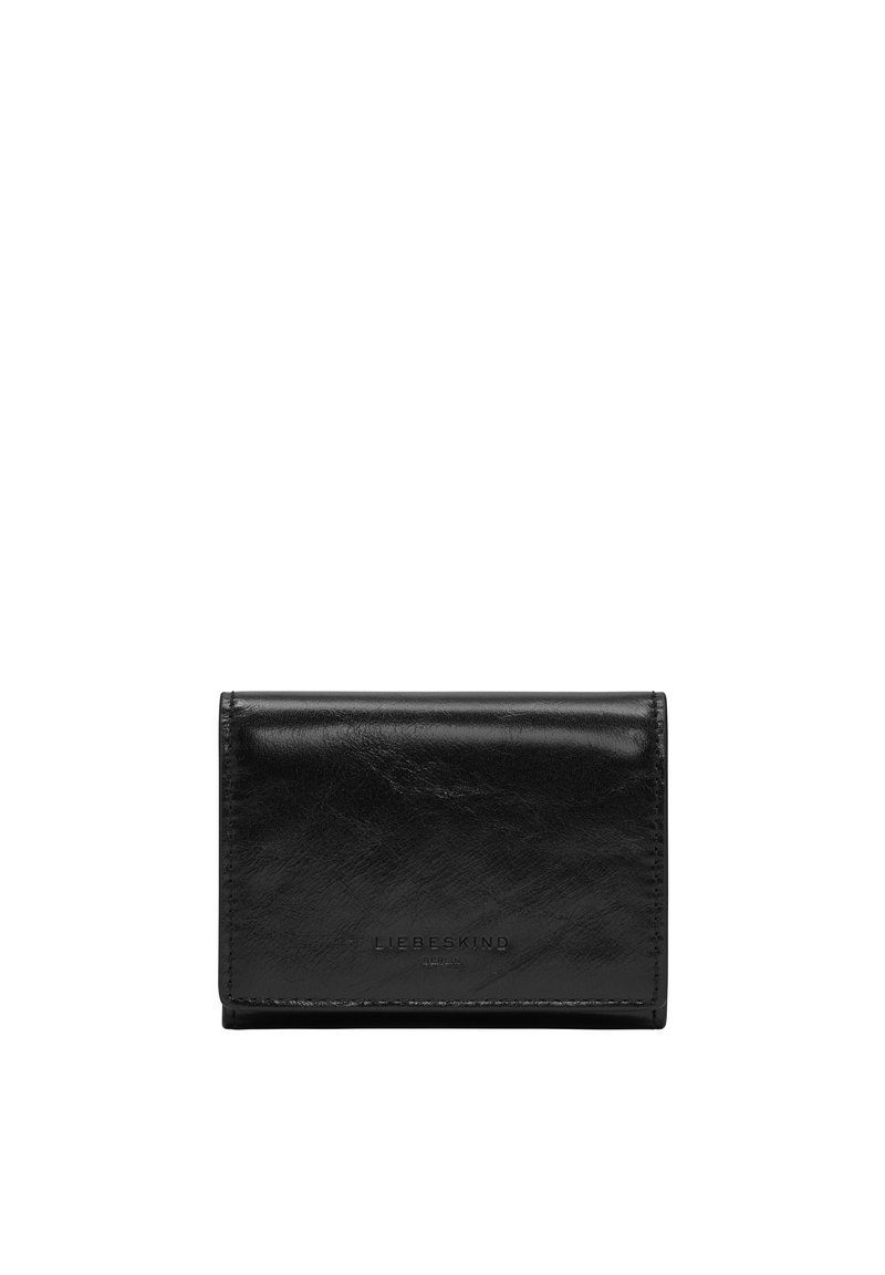 Portafoglio in pelle nera, forma rettangolare con una texture liscia, caratterizzato da un logo sottile. Design pieghevole senza hardware o accenti visibili.