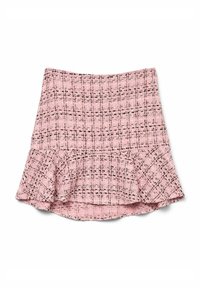 Jupe en tweed rose avec un ourlet évasé, un motif tissé noir et un tissu texturé. Coupe courte avec une taille ajustée. Sans fermetures visibles.