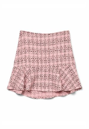 Gonna in tweed rosa con orlo svasato, motivo intrecciato nero e tessuto testurizzato. Lunghezza corta con vita aderente. Senza chiusure visibili.