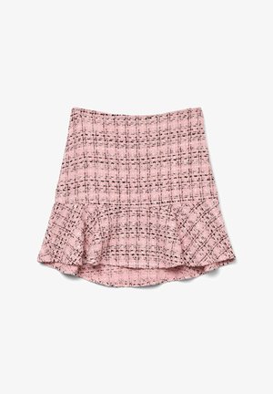 Lyserød tweed nederdel med en flared kant, sort vævet mønster og tekstureret stof. Kort længde med tætsiddende talje. Ingen synlige lukninger.