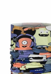 Bufanda tubular multifuncional hecha de tela elástica, con un diseño colorido de dibujos animados que presenta varios personajes y patrones juguetones.