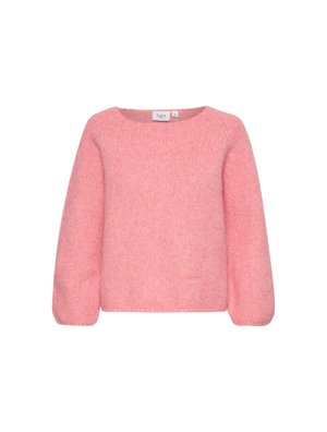 Maglione rosa a maglia con scollatura rotonda, maniche lunghe e una vestibilità ampia. Realizzato in filato morbido con una texture sottile e un aspetto caldo.