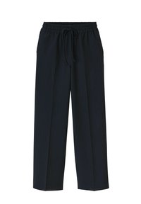 Pantalons navy à rayures discrètes en tissu léger, dotés d'une taille élastique et d'un cordon de serrage pour un ajustement réglable.