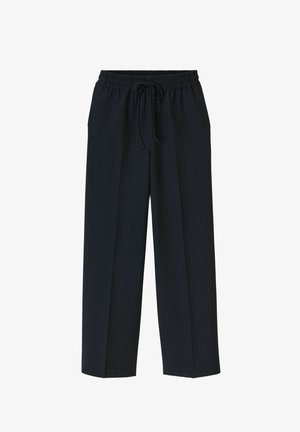 Pantalons navy à rayures discrètes en tissu léger, dotés d'une taille élastique et d'un cordon de serrage pour un ajustement réglable.