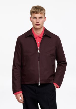 Jeune homme portant une veste zippée bordeaux foncé sur un pull rouge boutonné avec un pantalon noir, faisant face à l'avant sur un fond blanc uni.