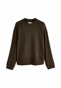 Sudadera marrón con cuello redondo y puños acanalados. Presenta un corte relajado y una textura suave, fabricada con un tejido blando.