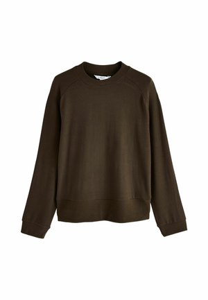 Bruine sweatshirt met een ronde hals en geribde boorden. Heeft een ontspannen pasvorm en een zachte textuur, gemaakt van zachte stof.