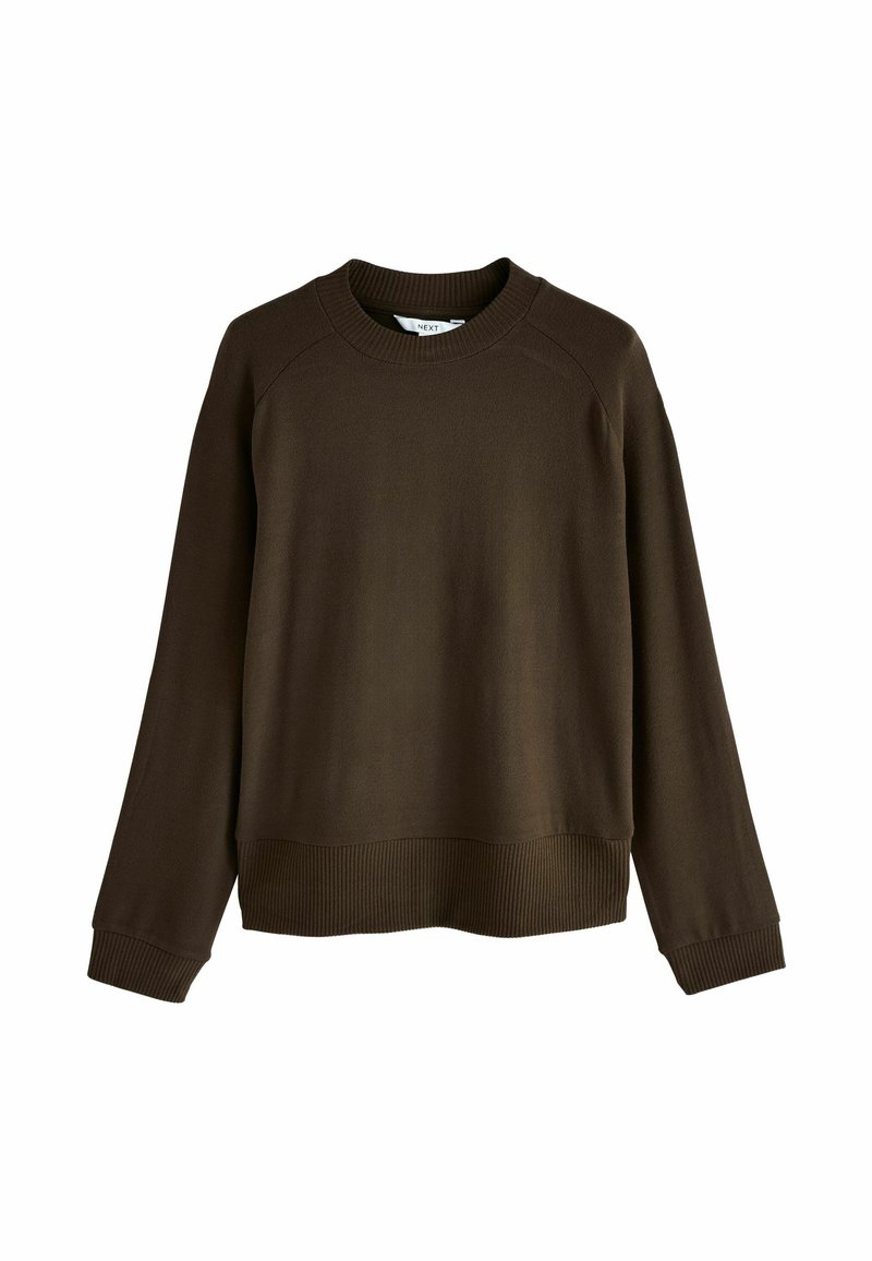 Sudadera marrón con cuello redondo y puños acanalados. Presenta un corte relajado y una textura suave, fabricada con un tejido blando.