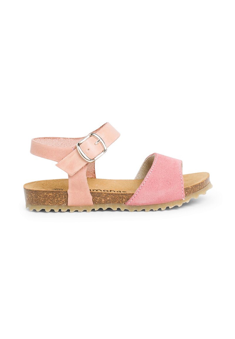 Light pink suede sandals with adjustable ankle strap, cork footbed, and textured rubber outsole. Design features two wide straps.
