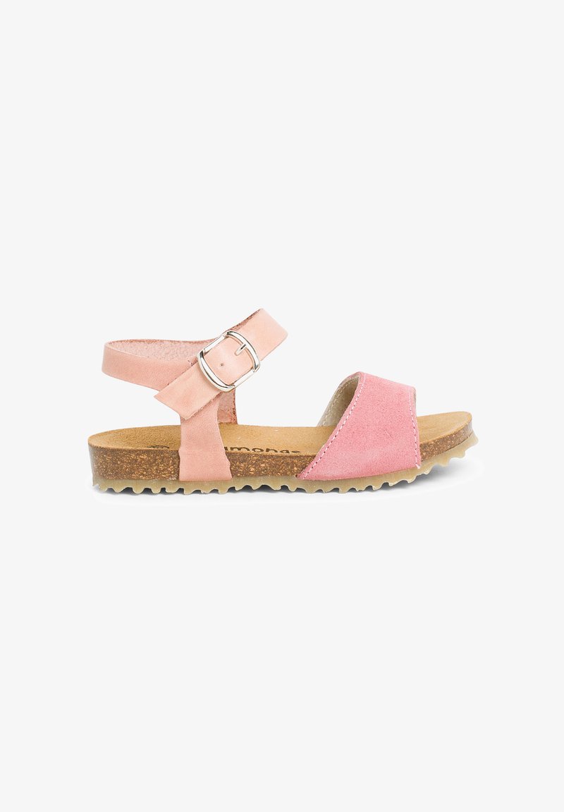 Light pink suede sandals with adjustable ankle strap, cork footbed, and textured rubber outsole. Design features two wide straps.
