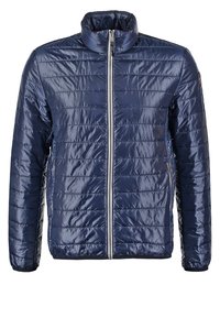 Giacca trapuntata blu navy con colletto alto, chiusura con zip e texture lucida e liscia. Presenta cuciture orizzontali e tasche laterali.