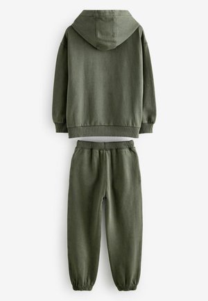 Olive green hoodie and matching joggers, made of soft fabric. Hoodie has a front pocket and ribbed cuffs; pants feature an elastic waistband and cuffs.