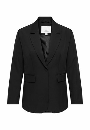 Svart blazer med én knapp, hakkeslag, klaffelommer og glatt fôr, skreddersydd for en tettsittende silhuett.