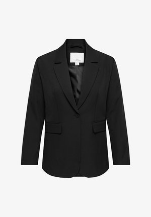 Svart blazer med én knapp, hakkeslag, klaffelommer og glatt fôr, skreddersydd for en tettsittende silhuett.