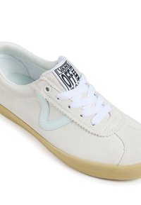 White suede sneaker with light blue accents, white laces, and a black Vans logo on the tongue. Rubber sole with a neutral beige color.