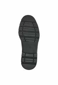 Semelle de chaussure en caoutchouc noir, présentant une surface texturée avec des rainures horizontales et verticales pour l'adhérence, marquée de la taille "37".