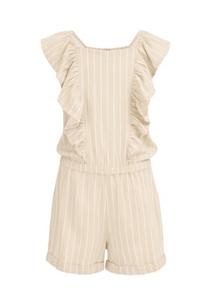 Combinaison courte beige sans manches avec rayures verticales blanches, côtés froncés, taille élastique et shorts à revers.