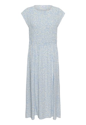 Hellblaues Midikleid mit weißem, abstraktem Blumenmuster, kurzen Ärmeln und geraffter Taillendetail.