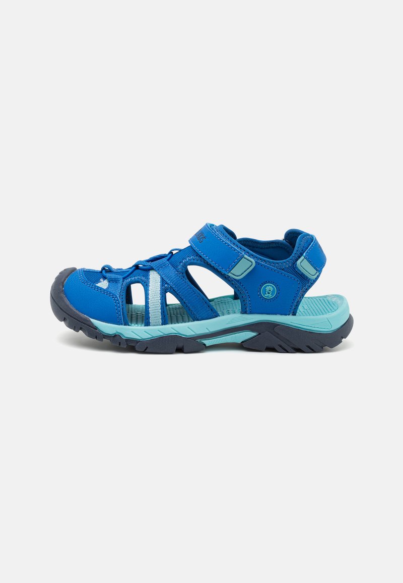 Blue sandal featuring synthetic material, adjustable straps, a textured sole, open design for breathability, and a contrasting light blue accent.