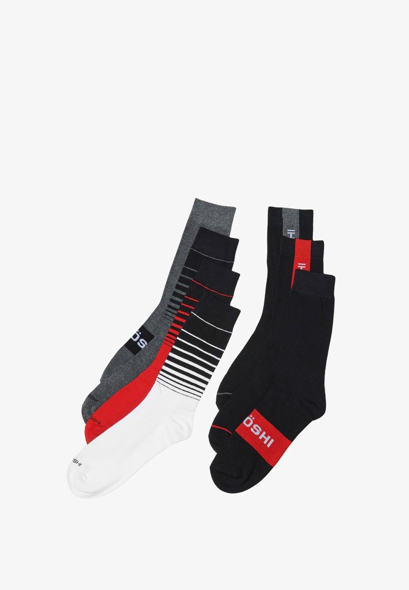 Cinco pares de calcetines: negros, grises, blancos y rojos, con colores sólidos y rayas, hechos de una mezcla de algodón con logotipos en los puños.