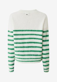 Vitt tröja med gröna horisontella ränder. Tillverkad av mjukt, fluffigt material. Har en rund halsringning och långa ärmar. Bakifrån.