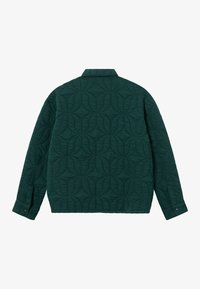 Σκούρο πράσινο τζάκετ με κατασκευή καπιτονέ και κυκλικό ραμμένο σχέδιο, μακριά μανίκια και μανσέτες με κουμπιά, προβάλλεται από πίσω σε λευκό φόντο.