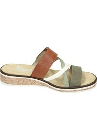 Bruine leren slipper met kruisbanden in groen en wit, met een kurken zool en een beige gevoerde binnenzool. De zijkanten zijn laag uitgesneden.