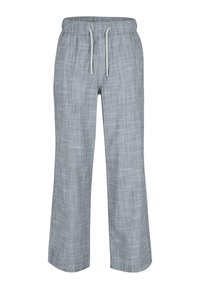 Šedé kalhoty s širokými nohavicemi vyrobené z lehkého materiálu s jemným texturovaným vzorem. Mají elastický pas s šňůrkou pro úpravu.