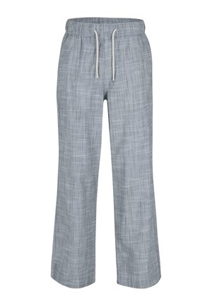 Pilkos plačiosios kelnės, pagamintos iš lengvos medžiagos su subtiliu tekstūriniu raštu. Didesnis juosmens elastingumas su virvele pritaikymui.