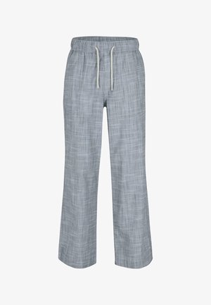 Grijze wijde broek van lichtgewicht stof met een subtiel textuurpatroon. Voorzien van een elastische taille met een trekkoord voor aanpassing.