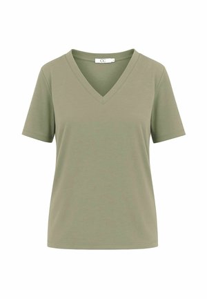 Tricou verde măsliniu cu decolteu în V, mâneci scurte și țesătură netedă din bumbac. Prezintă un design simplu, fără modele sau accente.