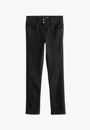 Schwarze Jeans aus Denim mit schmalem Schnitt, mit Knopf- und Reißverschluss, fünf Taschen und farblich abgesetzten Nähten.