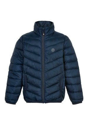 Giacca puffer blu navy con colletto alto, chiusura con zip e motivo a zigzag cucito. Materiale morbido e lucido con tasche laterali e logo in evidenza.