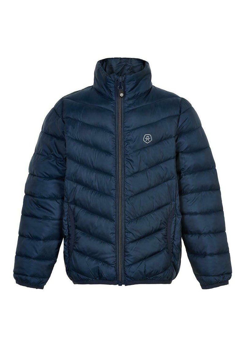 Navy blue puffer jacket featuring a high collar, zip front, and chevron quilted pattern. Soft, shiny material with side pockets and logo accent.