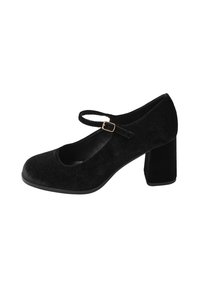 Scarpe Mary Jane in velluto nero con punta arrotondata, cinturino alla caviglia e tacco largo. Texture liscia con un design classico. Cinturino regolabile con fibbia dorata.