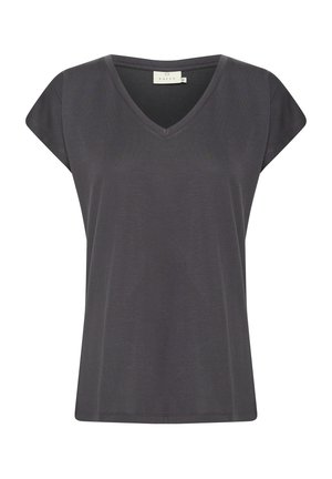 Dunkelgraues V-Ausschnitt T-Shirt mit kurzen, Überwurfärmeln; aus weichem Stoff gefertigt; glatte Textur; schlichtes Design; keine sichtbaren Muster oder Verzierungen.