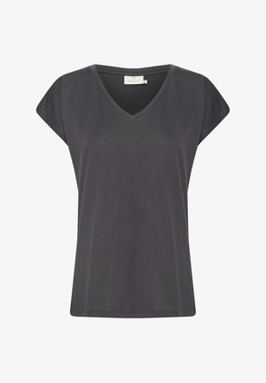 Tmavošedé tričko s výstrihom do V a krátkymi katapultmi; vyrobené z mäkkej látky; hladká textúra; jednoduchý dizajn; žiadne viditeľné vzory ani ozdoby.
