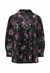 Camicia in velluto nero con motivo floreale in tonalità di rosa e verde. Maniche lunghe e chiusura con bottoni, con colletto classico.