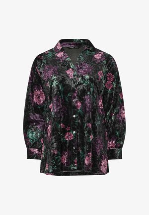 Camicia in velluto nero con motivo floreale in tonalità di rosa e verde. Maniche lunghe e chiusura con bottoni, con colletto classico.