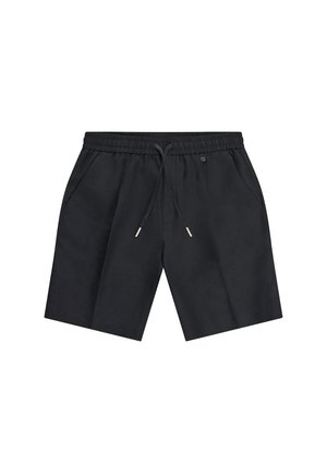 Zwarte casual shorts met elastische tailleband, verstelbare trekkoord en zijzakken, weergegeven op een effen witte achtergrond.