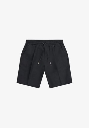 Shorts noirs décontractés avec taille élastique, cordon réglable et poches latérales, présentés sur un fond blanc uni.