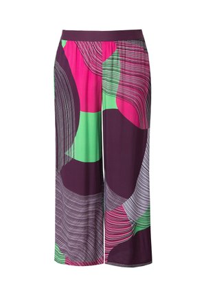 Culotte multicolori con un design a gamba larga. Il tessuto presenta una combinazione di viola, verde e rosa con motivi lineari fluidi.