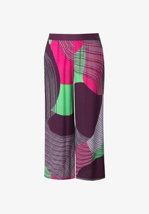 Culotte multicolori con un design a gamba larga. Il tessuto presenta una combinazione di viola, verde e rosa con motivi lineari fluidi.